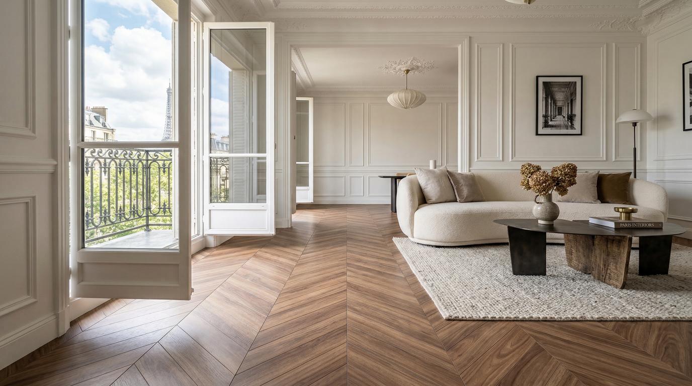 Elegante woonkamer met visgraat vloer